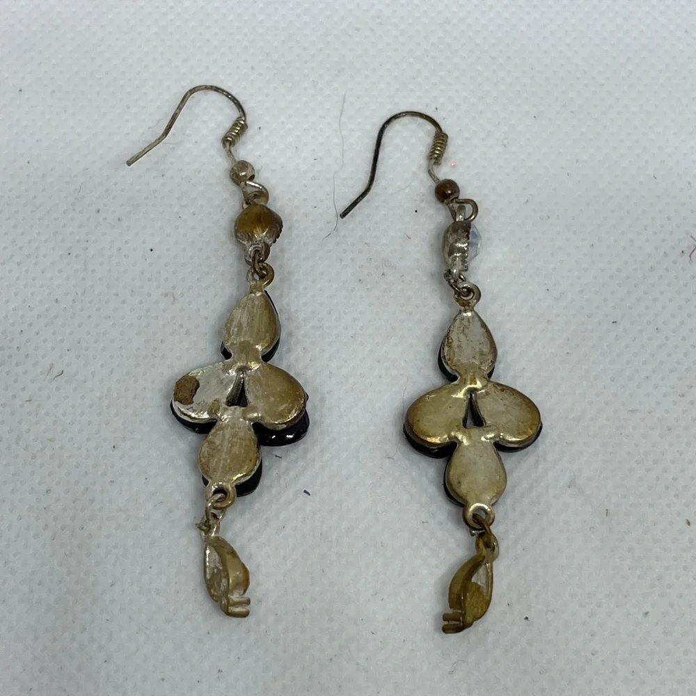 Crystal black stone earrings costume jewelry dangle light weight 3x1 inches appx - Picture 4 of 5